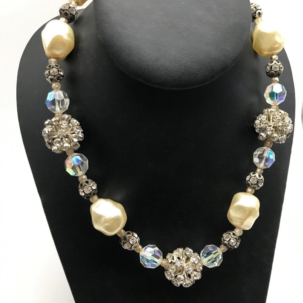 Vintage Clear Aurora Borealis AB Crystal Rhinestone Graduated Strand Necklace